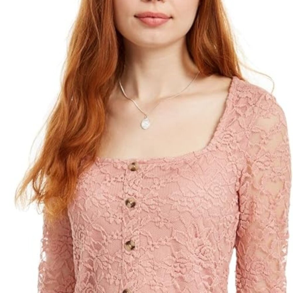 Ultra Flirt Womens Pink Stretch Lace Faux Button Detail Long Sleeve Square Neck